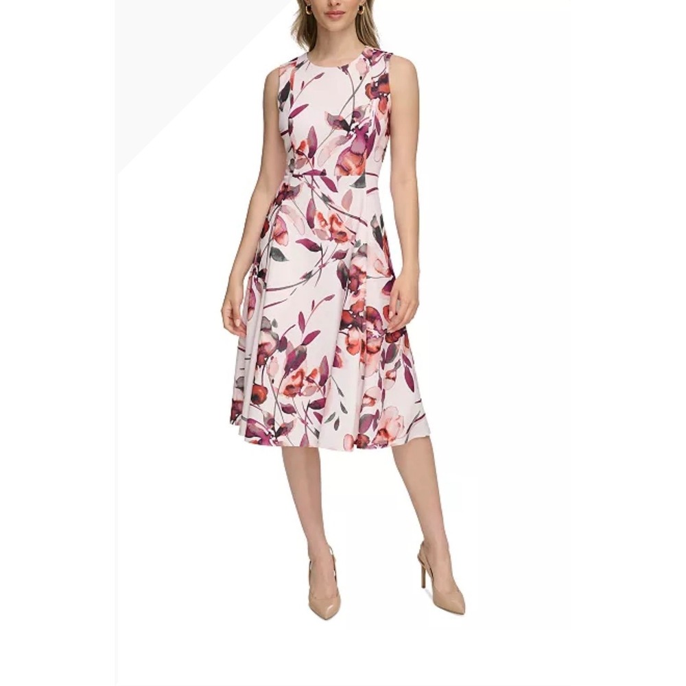 Calvin Klein Floral Scuba Fit and Flare Dress Cream Plum Pink Size 10